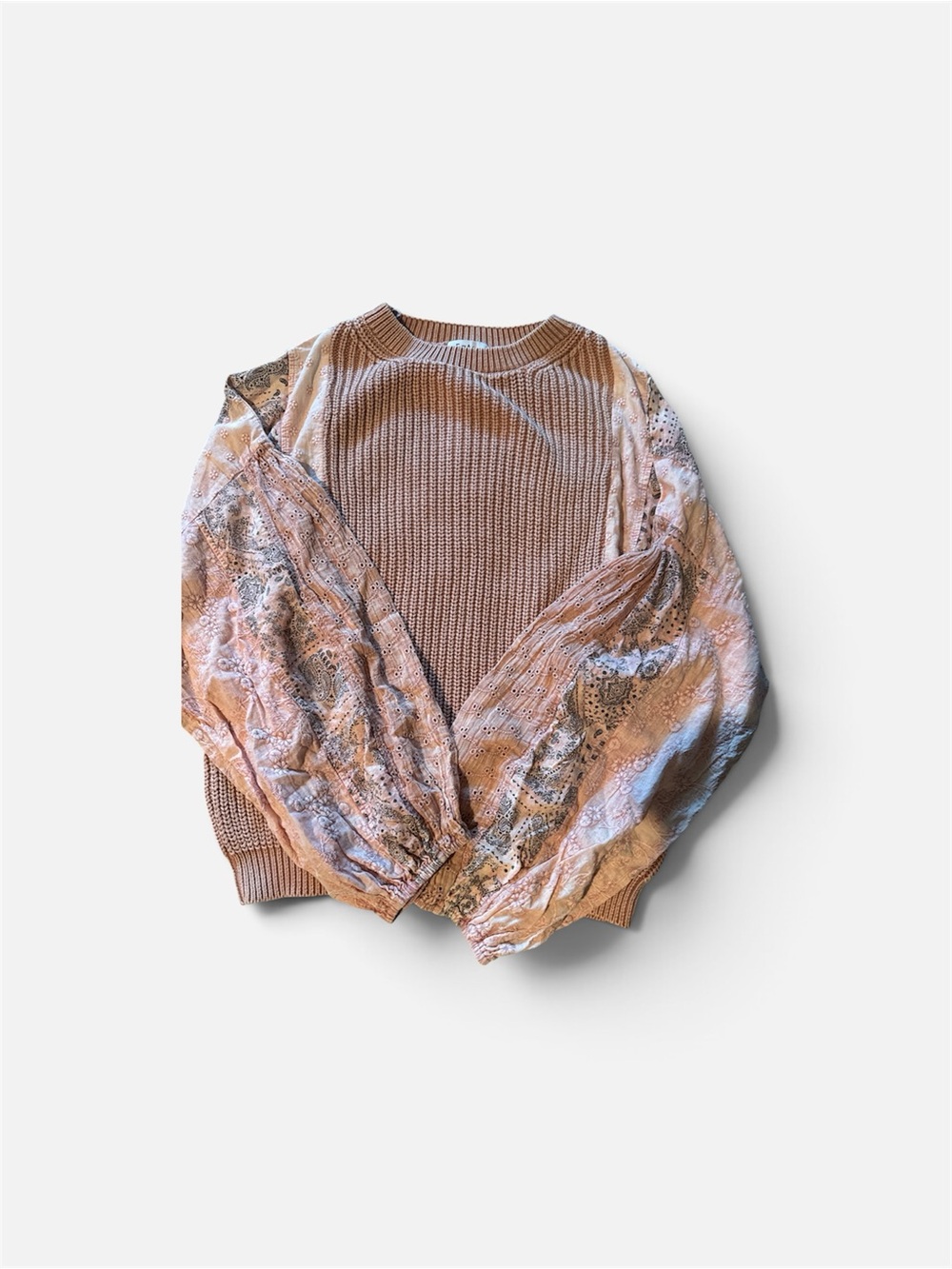 Fate Crewneck Sweater with Printed Balloon Sleeves - Tan & Blush